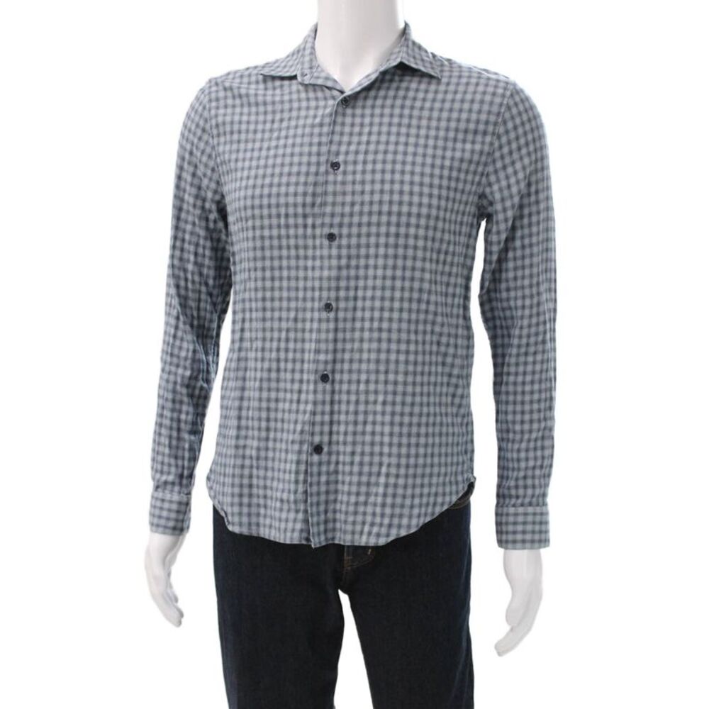 Vince Mens Blue Check Collared Button Up Shirt Cotton Blend Long Sleeve Size S